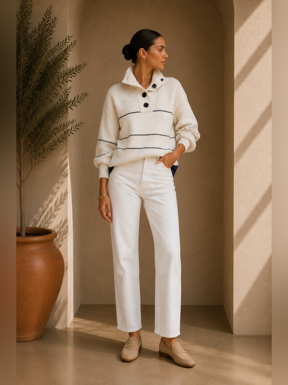 Commense White & Black Open-Collar Button-Up Sweater | Preppy Knit Cardigan XS